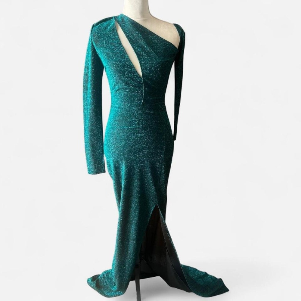 y2k Prom Formal‎ green gown one shoulder glitter maxi dress small Classy